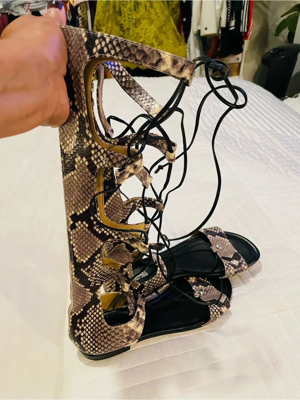 Michael Kors Snake-Print leather Lace-Up Gladiator Sandals - Black, Brown & Tan